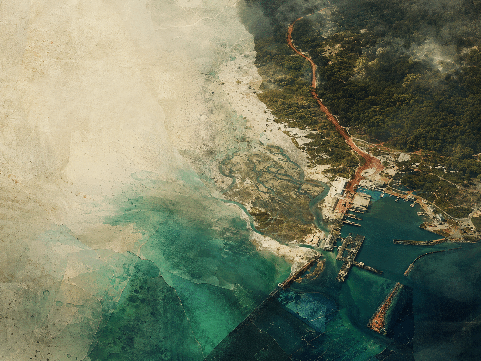 Conceptual cartographic collage evoking Northeast Florida